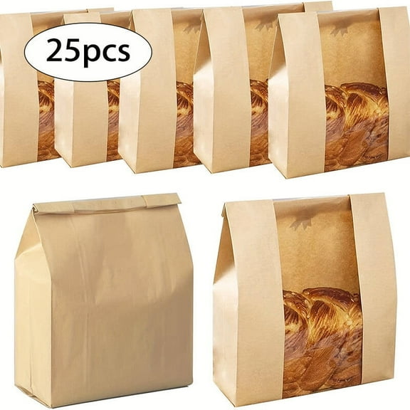 25pcs Kraft Paper Bread Bags, Brown Bakery Bags for Homemade Bread & Food Packing Storage with Clear Window, Sourdough Loaf Bread Bags with Label Seal Stickers