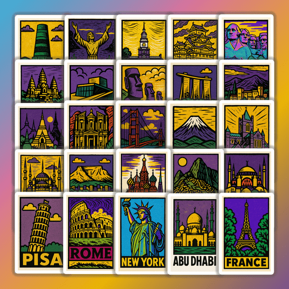 25pcs Linocut Print City Landmark Stickers World Famous Attractions Retro Artistic Travel Journal Decoration Set