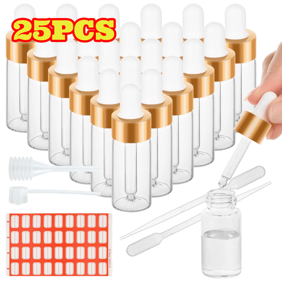 25pcs Mini Glass Bottles 5 ml, Clear Glass Dropper Bottle with 2 ml Dropper, Pipette, Long Tube Dispenser & 36 Labels, for Essential Oil Perfume
