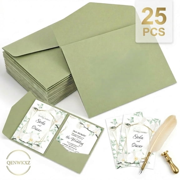 25pcs Mint Green Trifold Wedding Invitation Card Pocket Envelope for 5x7 Wedding Cards Bridal Shower Engagement Quinceanera Invitation Holiday Party-green:25pcs