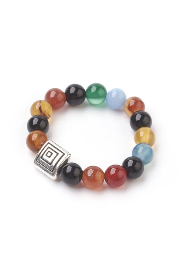25pcs Natural Agate Stretch Finger Rings with Alloy Finding Size 10 Silver 20mm