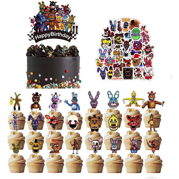 25pcs Nights Freddy Cake Cupcake Decorations 100pcs Five Nights Stickers for Freddy's Theme Birthday Party Decor