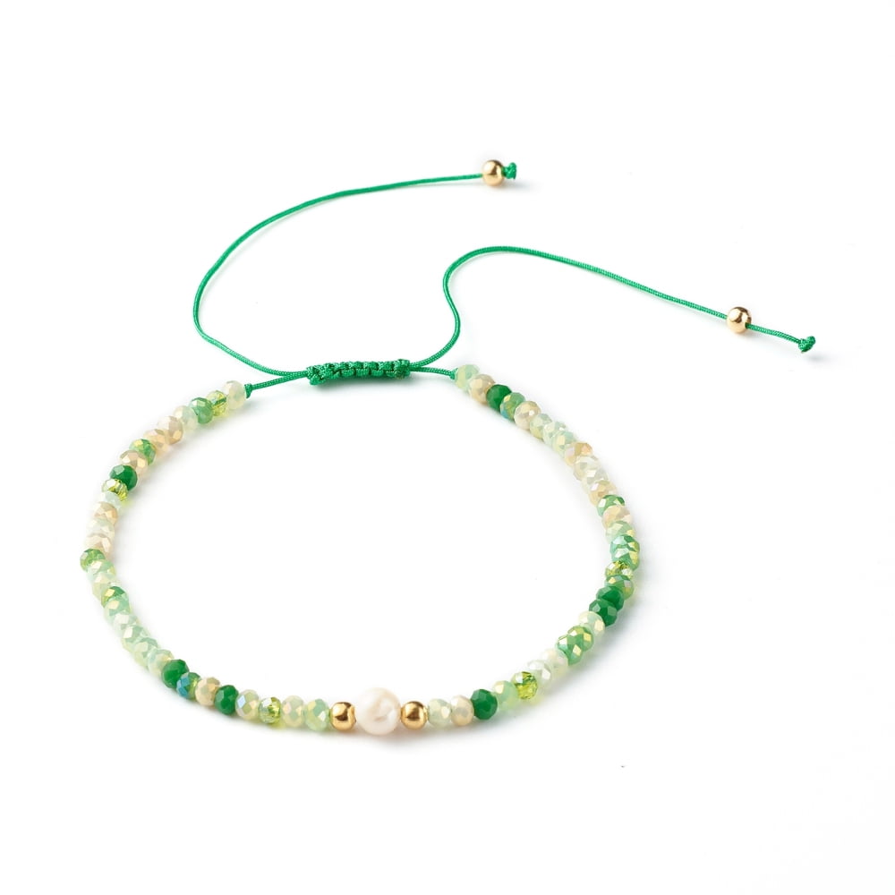 25pcs Nylon Thread Bead Bracelets with Electroplate Glass Beads Round Imitation Pearl Beads Green Inner Diameter: 2-3/8 inch(6.1~11cm)DIY
