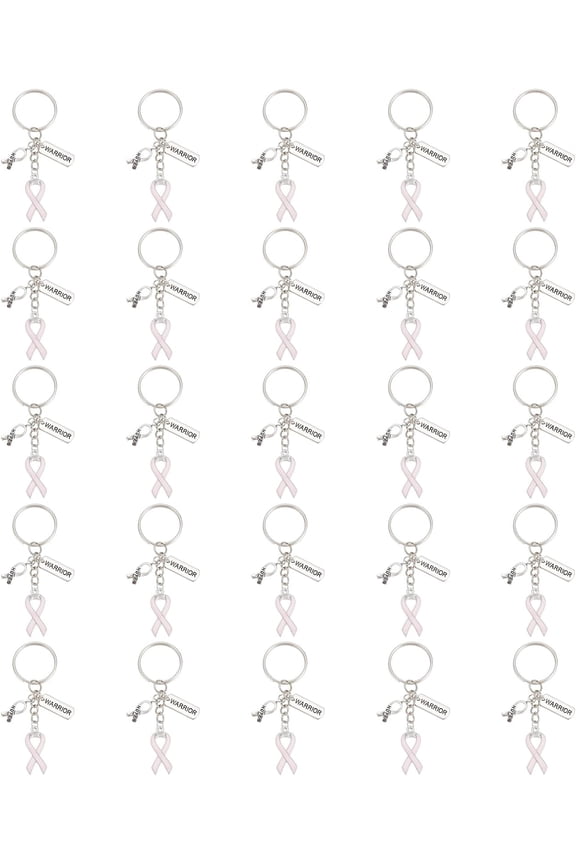 25pcs Pink Keychain Breast Cancer Awareness Ribbon Alloy Enamel Pendant Inspirational Warrior Key Chain Cancer Survivor Jewelry Gift DIY