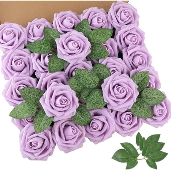 25pcs Real Looking Artificial Lavender Roses w/Stem for DIY Wedding Bouquets Centerpieces Arrangements Party Baby Shower Valentines Day Christmas Tree Decorations
