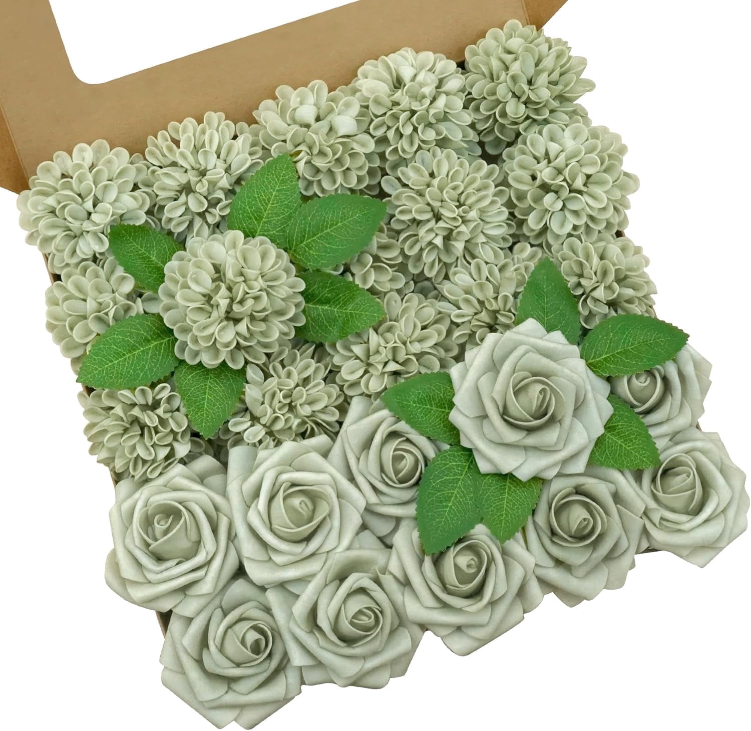 25Pcs Sage Green Artificial Roses and Dahlias with Stems, Fake Flowers for DIY Wedding Bouquets, Centerpieces, Bridal Shower and Home Decorations