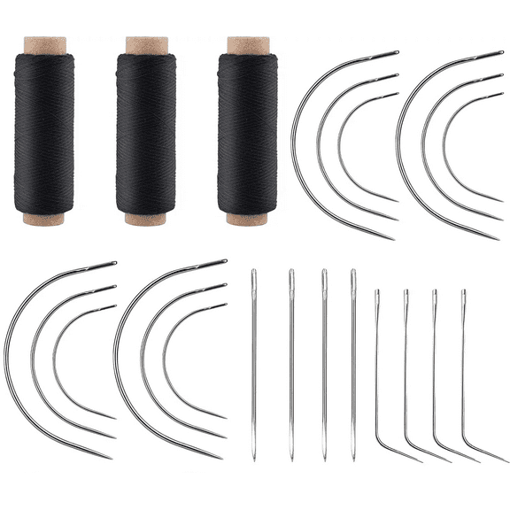 25pcs Sewing Needles and Thread Set, Curved Needles Black Thread and Needle Weaving Combo with Threader Sewing Accessories and Supplies for Making Wigs Sewing Hair Weft Braid Extension