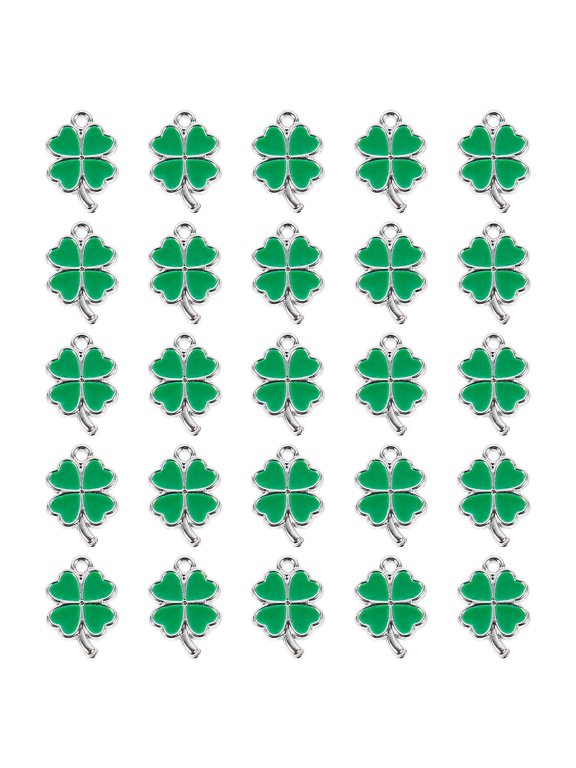 25pcs St. Patricks Day 4 Leaf Ornament Four Leaf Necklace Resin Earring Charms Small Charms For Making Jewelry DIY ( Green )