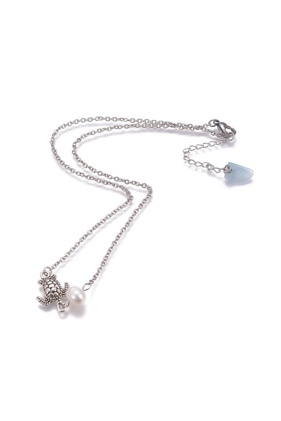 25pcs Stainless Steel Pendant Necklaces with Pearl Natural Aquamarine Alloy Links and Brass Ball Head Pins Sea Turtle Stainless Steel color 41cm