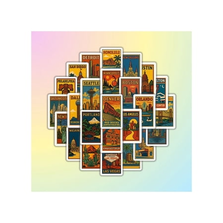25pcs Travel Landmark Vintage Retro Sticker Pack, Waterproof Vinyl Decals for Laptops, Journals, Water Bottles, Luggage