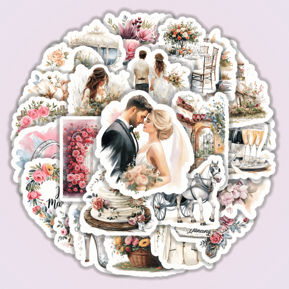 25pcs Wedding Theme Sticker Pack Romantic Bohemian Style Ink Painting Journal Diary Decorative Bouquet Cake Carriage Champagne Rings Wedding Scene Collection