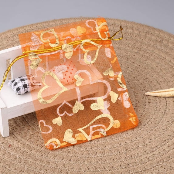 25pcs/lot Jewelry Bag Organza Colorful Hot Gold Color Heart Print Gifts Pouches Wedding Christmas Party Candy Jewelry Packing 5orange 7x9cm