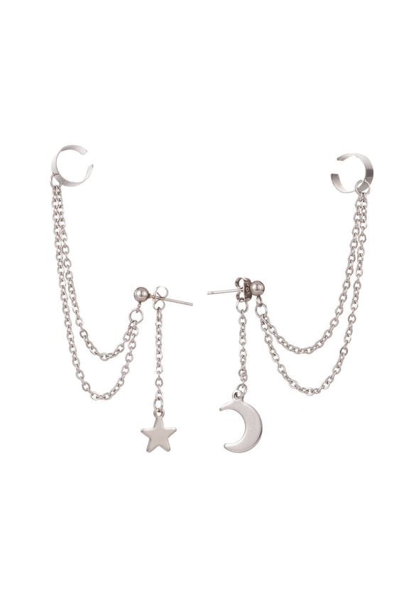 25sets Non-304 Stainless Steel Ear Cuff Drop Chains Stud Earrings Star & Moon Asymmetrical Earrings for Women Stainless Steel color 119mm Pin: 0.8mm