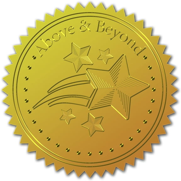 25sheets 100pcs Gold Foil Certificate Seals - Above & Beyond Embossed Gold Certificate Seals 2" Round Self Adhesive Embossed Stickers for Invitations Graduation Monogram