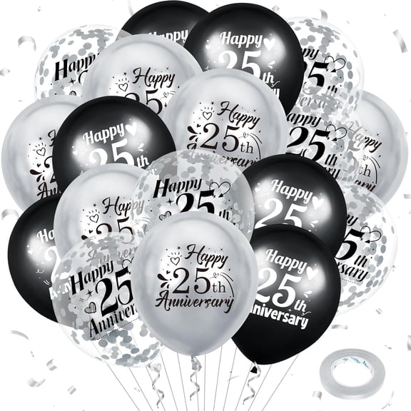 25th Anniversary Balloons 18Pcs Black Silver Party Decorations for Women Men - 12Inch Happy Confetti Latex Balloons for Indoor Outdoor Party Supplies
