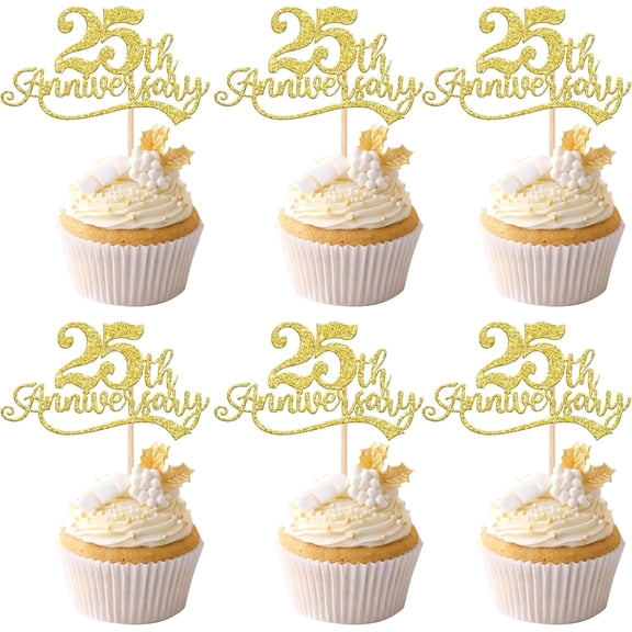 25th Anniversary Cupcake Toppers - 12 Pack Gold Glitter Paper Picks for 25th Wedding Anniversary, Silver Anniversary Party Decorations