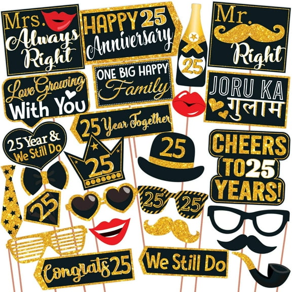 25th Anniversary Photo Booth Party Props DIY Kit, Golden Glitter & Black , Anniversary Party Decoration