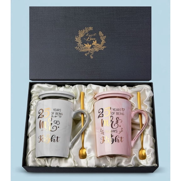 25th Anniversary Wedding Gifts, 25 Years of Being Mr Right & Mrs Always Right Coffee Mug Presents for Couple Parents Women Men Friends, 14oz with Lids, Spoons, Elegant Gift Box