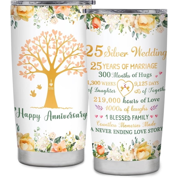 25th Anniversary Wedding Gifts, 25 years Anniversary Tumbler Gift Ideas for Couple Parents Friends, Silver 25th Anniversary Decorations Gifts for Her Him Husband Wife