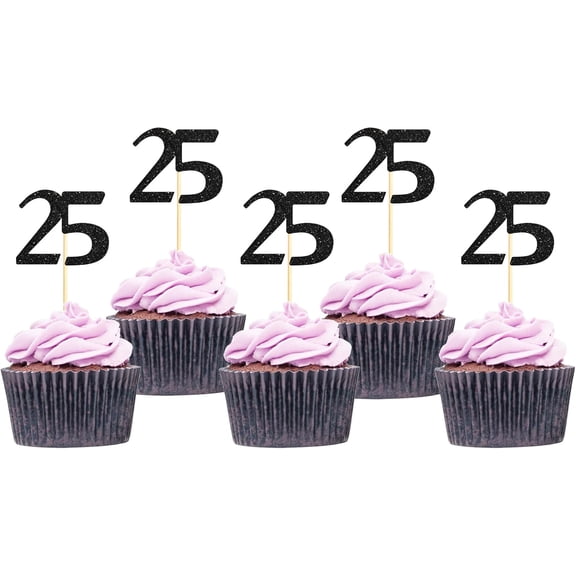 25th Birthday Cupcake Toppers, Black Glitter, 25 Anniversary Party Cake Decorations, 12 Pack