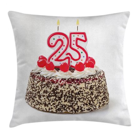 25th Birthday Decorations Throw Pillow Cushion Cover, Number Candles Twenty Five on Chocolate Cherry Cake Yummy, Decorative Square Accent Pillow Case, 16 X 16 Inches, Red Cream Brown, by Ambesonne