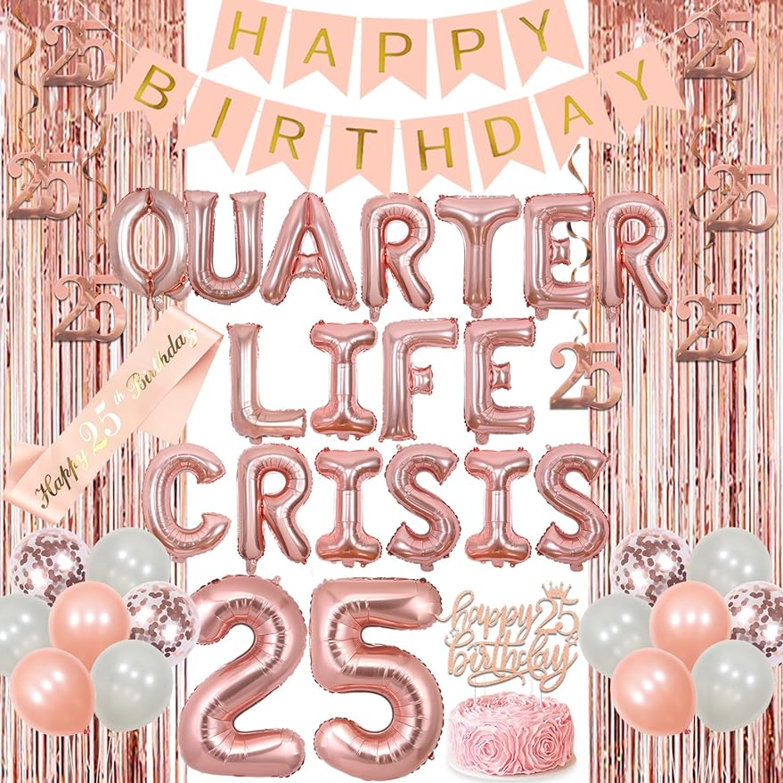 Rose Gold 25th Birthday Decorations Set - Foil Balloons, Banner, Confetti, Latex Balloons