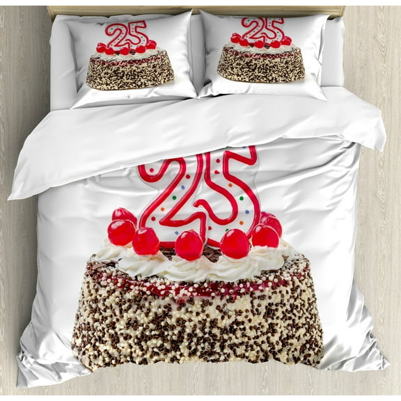 25th Birthday Duvet Cover Set, Number Candles 25 on Chocolate Cherry Cake Yummy Art Print, Decorative 3 Piece Bedding Set with 2 Pillow Shams, King Size, Red Cream Brown, by Ambesonne
