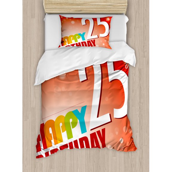 25th Birthday Duvet Cover Set Twin Size, Abstract Modern Background with Colorful Letters Artistic Happy Ceremony, Decorative 2 Piece Bedding Set with 1 Pillow Sham, Multicolor, by Ambesonne