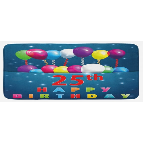 25th Birthday Kitchen Mat, Surprise Party Theme Blue Backdrop Swirled Ribbons 25 Art Print, Plush Decorative Kitchen Mat with Non Slip Backing, 47" X 19", Multicolor, by Ambesonne