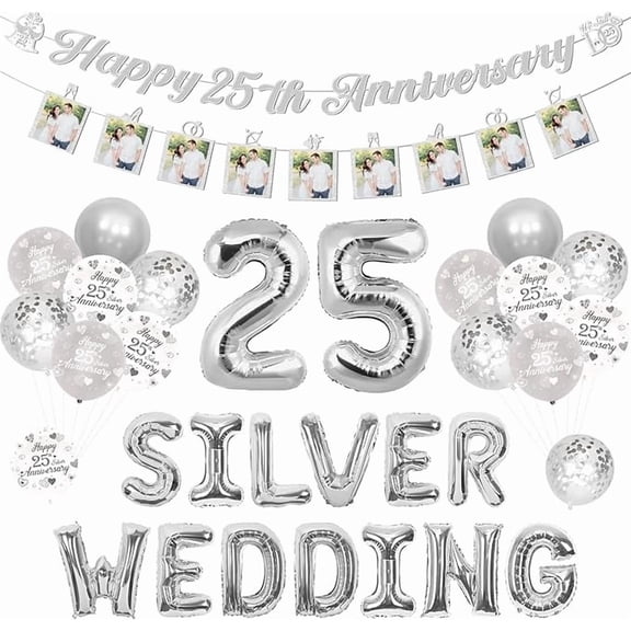 25th Silver Wedding Anniversary Decorations, Happy 25th Anniversary Party Banner Photo Banner Silver Wedding 25 Foil Balloons and 38pcs Latex Balloons Kit Cheers to 25 Years Party Supplies