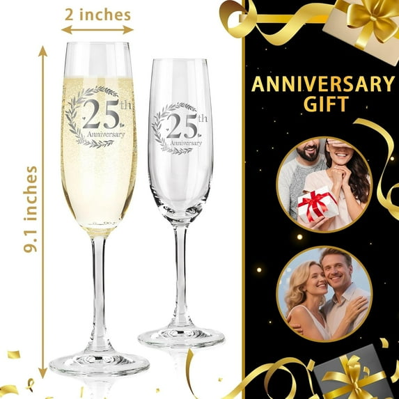 25th Wedding Anniversary Champagne Flutes Gifts, 25th Anniversary Couple Gifts, Anniversary's Wedding Gift for Husband Wife, 25 Year Anniversary's Decorations Champagne Glasses Set of 2