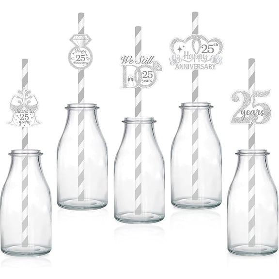 25th Wedding Anniversary Decorations 30Pcs We Still Do 25 Years Straws Silver Striped Cheer to 25 Years Paper Straws for Happy 25th Slivery Wedding Anniversary Supplies