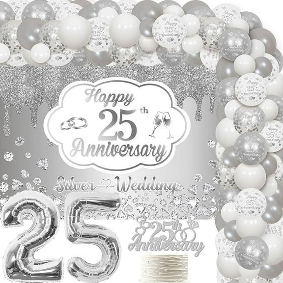 25th Wedding Anniversary Decorations Silver White Balloon Garland Kit with Happy 25th Anniversary Backdrop Cake Topper Foil Balloons for Cheers to 25 Years Couple Wedding Anniversary Party