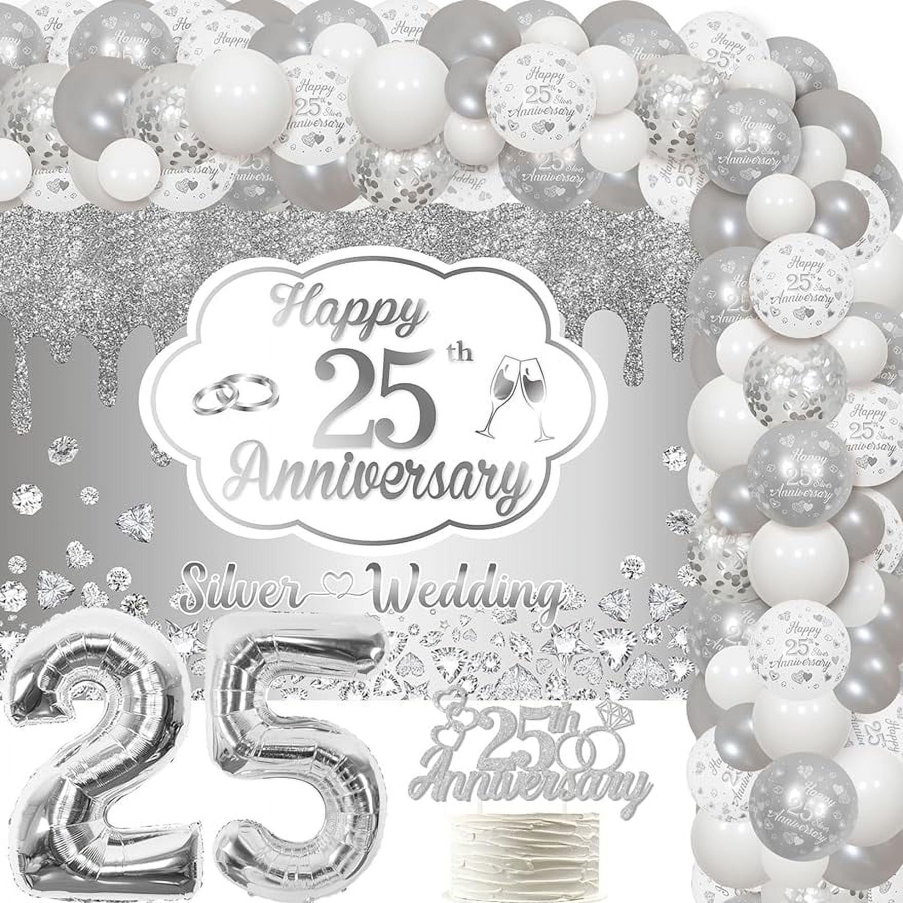 25th Wedding Anniversary Decorations Silver White Balloon Garland Kit 