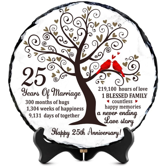 25th Wedding Anniversary Slate Sign - Gifts For Parents Grandparents Or Couple Elegant 5.9 Inches Plaque 25 Years Of Marriage Celebration Decoration