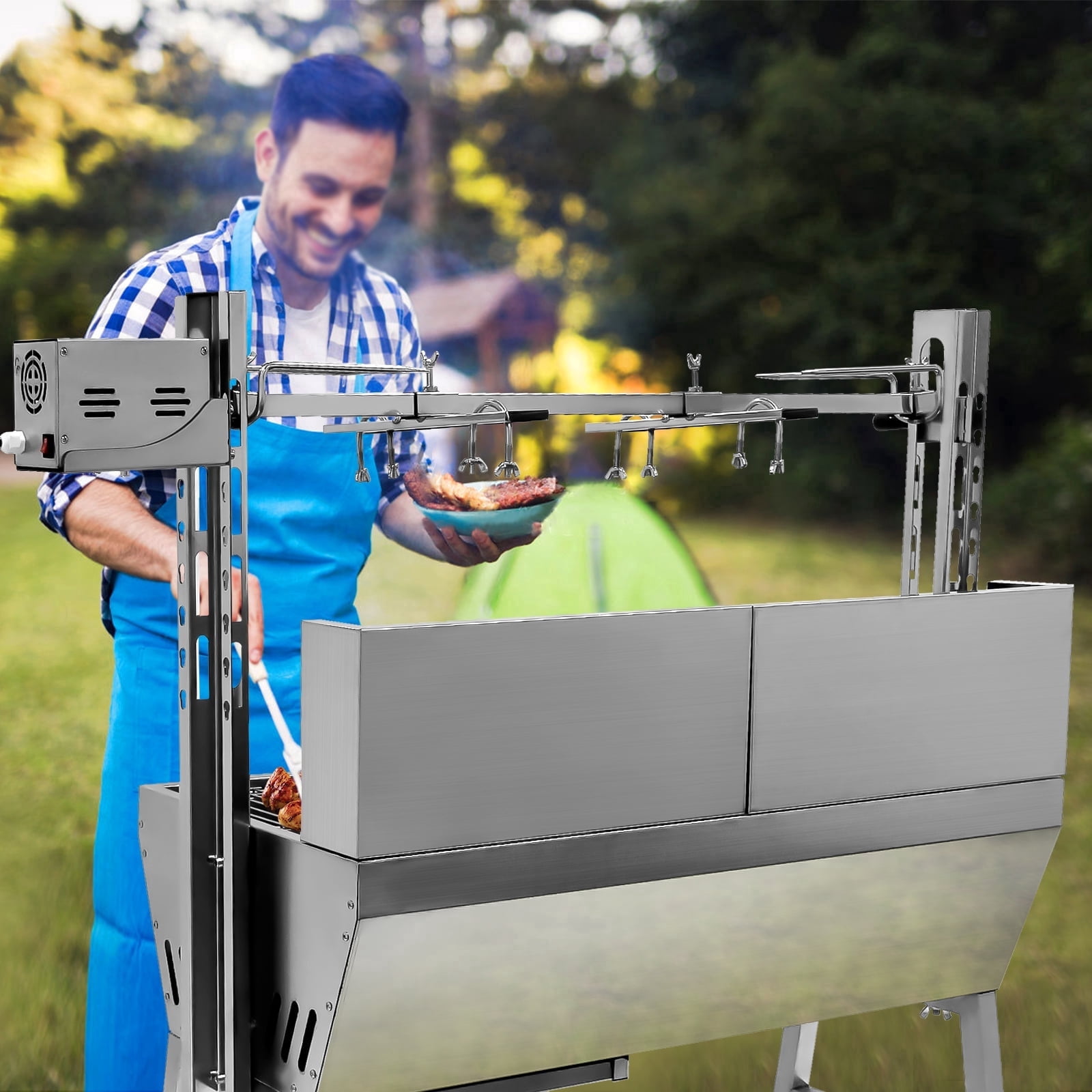 RIGMEC 25W Electric Grill, 132Lbs Stainless Steel Rotisserie, Portable Roasting Machine with Wheels, Motor & Wind Baffle for Pig, Chicken and Lamb Barbecue