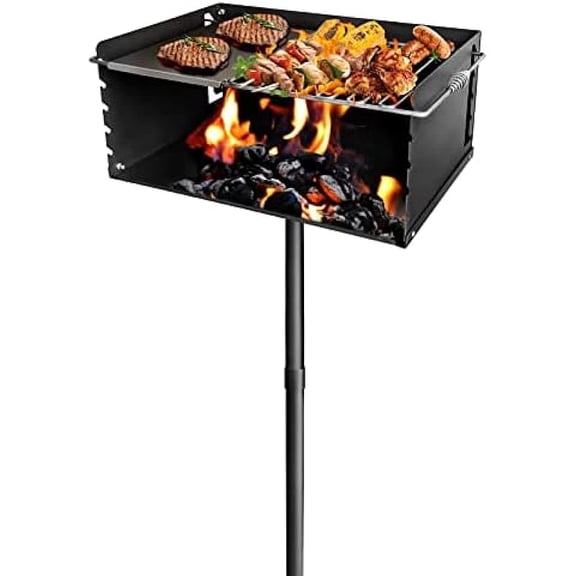 25x17 with Plate, Park Style Charcoal Grill, Portable Outdoor Park Grill with Grate, Heavy Duty Single Post Park Grill for Outdoor Cooking Backyard BBQ Camp Grilling Barbecues