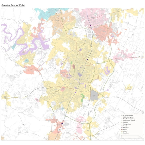 Wall Art Impressions 25x24in Poster Greater Austin TxMap 2024, Higways, Airpors, Education, Roads, Parks [Laminated]