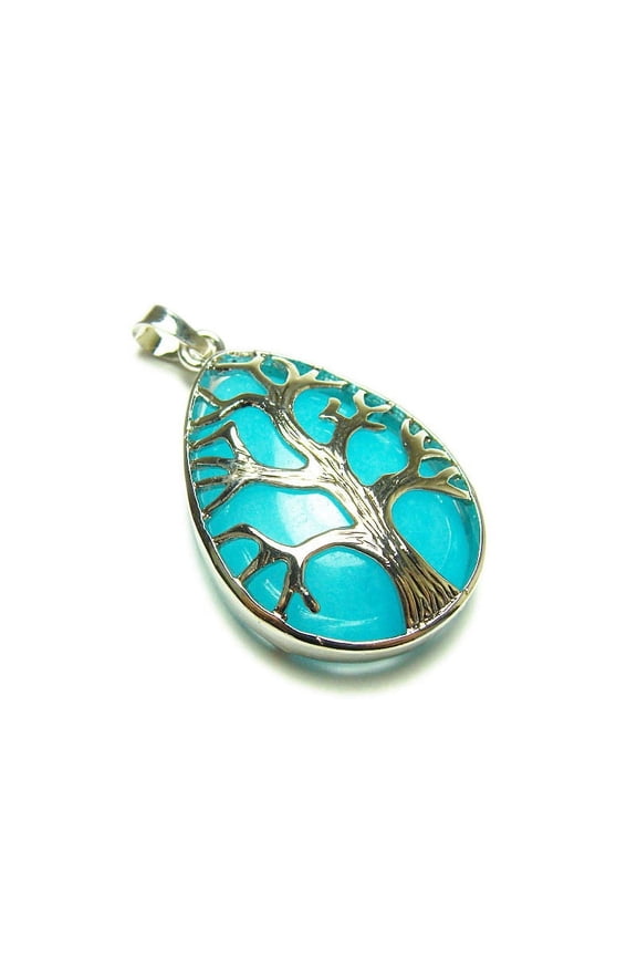 25x35mm Blue Agate Tree Of Life Teardrop Pendant For Jewelry Making