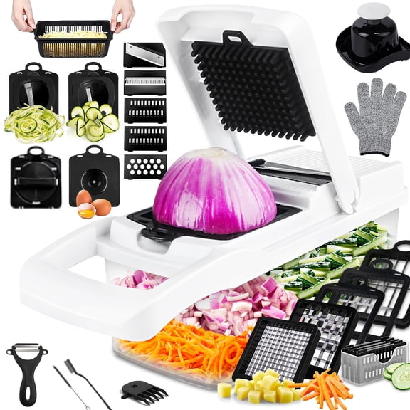 26 in 1 Vegetable Chopper,Zacenei Veggie Chopper w/Container & Drain Basket Multifunctional Food Chopper Vegetable Slicer Dicer w/ 12 Blades Onion Chopper Vegetable Cutter for Salad Garlic Carrot Egg