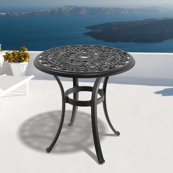 26.13" Cast Aluminum Outdoor Table With Umbrella Hole - Black Frame, 160lbs Capacity, 4 Seating, , Rust 26.13-inch For Use Black, Hole, 4, , Easy Setup