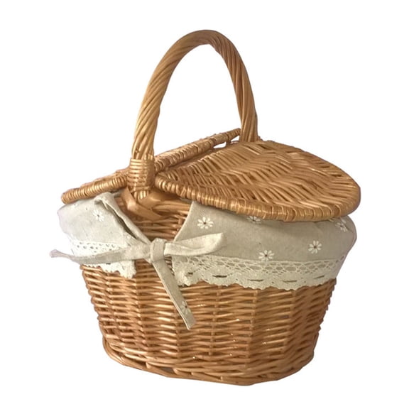 26×18×14cm Natural Wicker Picnic Basket | Handwoven Willow Basket with Lid & Floral Liner | Easter Egg Hunt, Storage, Gift & Flower Basket for Outdoor & Home Use