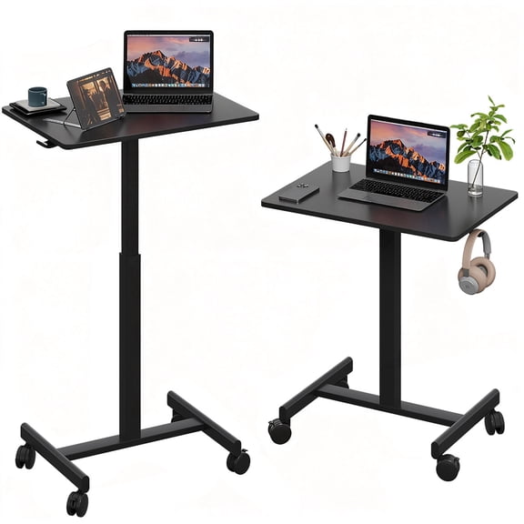 26"19" Black Middle Column Mobile Height Adjustable Desk, Gas Spring Height Regulation, Lockable Universal Casters, With Headphone Hook, Mini Desk