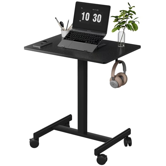 26"19" Carbon Fiber Black Middle Column Mobile Height Adjustable Desk, Gas Spring Height Regulation, Lockable Universal Casters, With Headphone Hook, Mini Desk