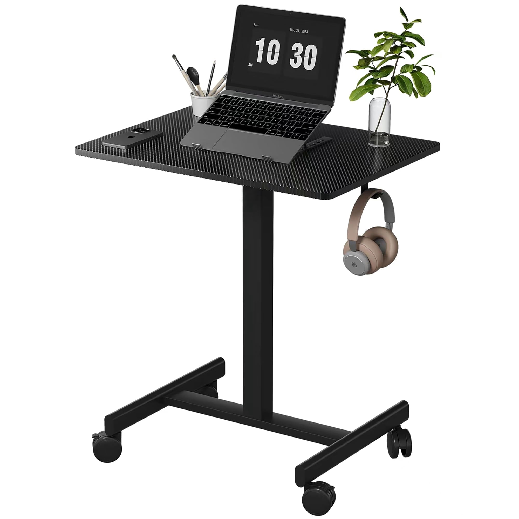 26"×19" Carbon Fiber Mobile Height Adjustable Desk, Gas Spring Sit-Stand Mini Desk with Lockable Casters & Headphone Hook, H-Shape Steel Base