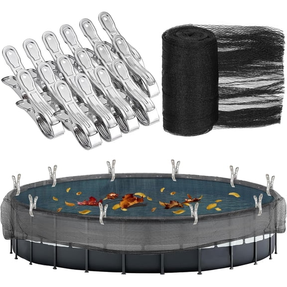 26.2 Feet Round Leaf Net Cover for Above Ground Pool, Winter Cover Mesh Cover with 16 Pcs Large Metal Clips,Pool Safety Net Fits 24FT Above Ground Pools, Keeps Leaves Out of Pool(Black Sqaure Net)