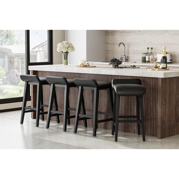26.2 Inch S-olid Wood Counter Height Bar Stools with Wide PU Leather Upholstered Seat, Bar Stool Set for Kitchen Island Counter Bar, Black, 4 Pieces