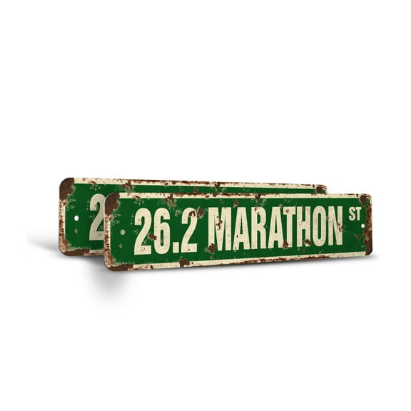 26.2 MARATHON Vintage Style Rustic Street Sign – (2 Pack) Runner Shoes Jog Jogging Run Retro Decorative Wall Sign for Home, Bar, Garage, or Outdoor Use | 6" X 24" Plastic Road Sign