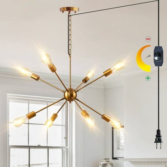 26.3" DIMMABLE Plug in Chandelier, Modern Sputnik Chandeliers Brushed Gold 8-Lights Plug in Pendant Light, Mid Century Hanging Ceiling Lighting Fixture for Dining Room Bedroom Kitchen Entryway