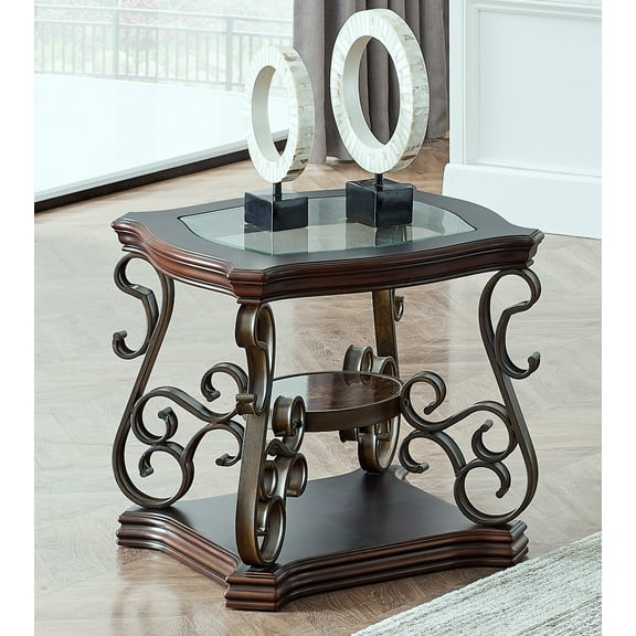 26.3" Dark Brown Marble Side Table with Glass, Living Room